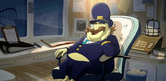 a cartoon of a man sitting in a chair talking on a phone
