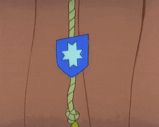 a blue shield with a star on it is hanging from a rope on a wooden wall .