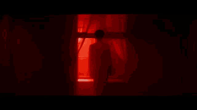 a silhouette of a person standing in front of a window with red lights