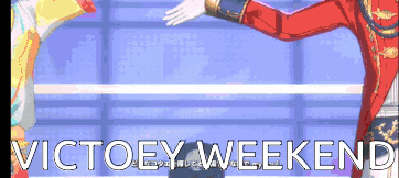 a victory weekend advertisement with two people shaking hands in a boxing ring