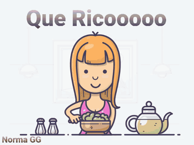 a cartoon illustration of a woman making a salad with the words que ricooooo on the top
