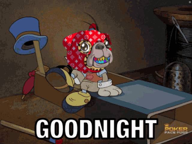 a cartoon of a dog wearing a louis vuitton hat with the words " goodnight " below it
