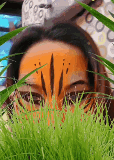 a woman with her face painted like a tiger looks through the grass