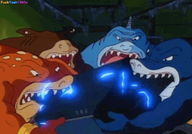a group of cartoon sharks are standing next to each other with blue lights coming out of their mouths ..