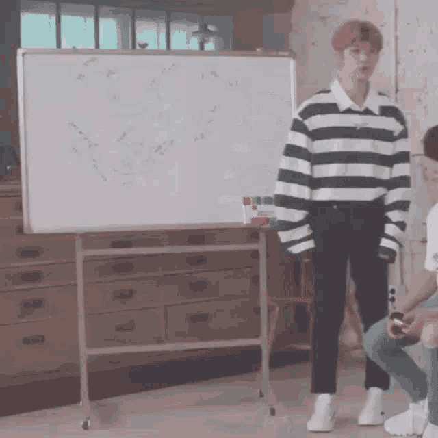 a man in a striped sweater is standing in front of a whiteboard .