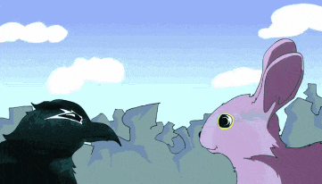 a black crow and a pink rabbit are looking at each other