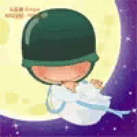 a cartoon boy in a helmet is sitting on a moon .