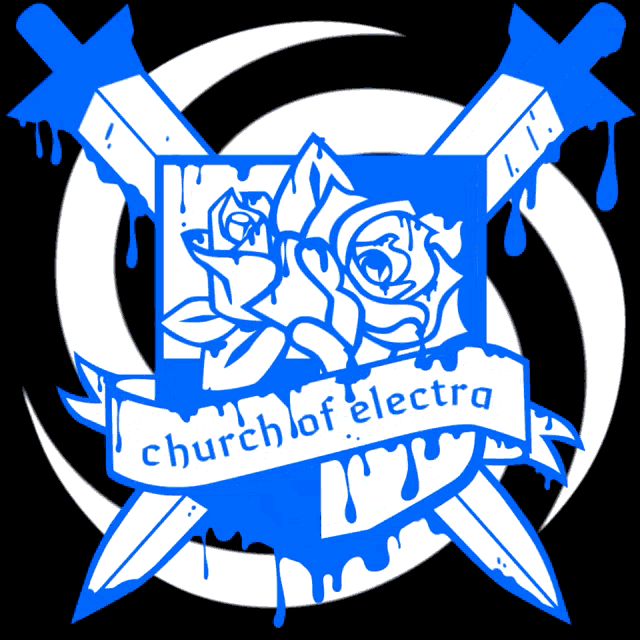 a blue and white logo for church of electra with roses and swords