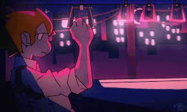 a cartoon of a man riding a bus at night holding onto the handles .
