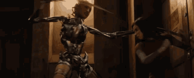 a robot is holding a sword in a dark room .