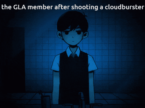 a cartoon of a boy in a bathroom with the caption " the gla member after shooting a cloudbuster "