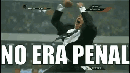 a man in a suit and tie is screaming with his arms in the air and the words no era penal