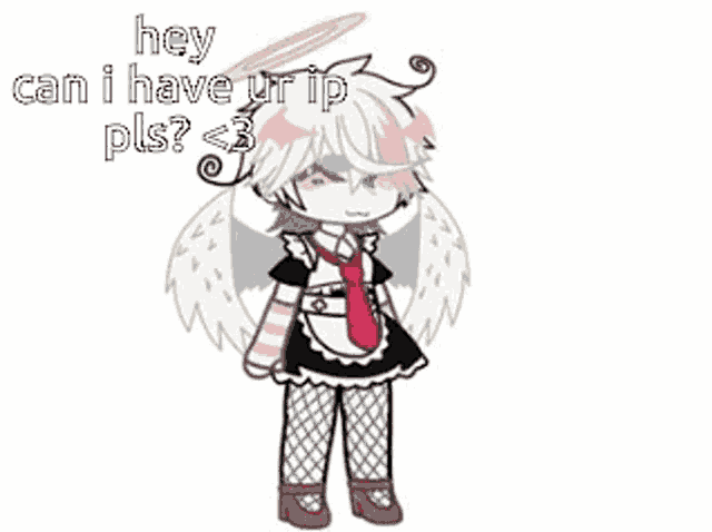 a girl with white hair and wings is wearing a maid dress and tie .