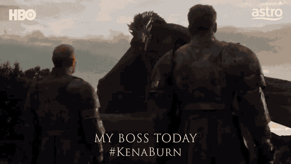 two men standing in front of a dragon that says my boss today #kenaburn