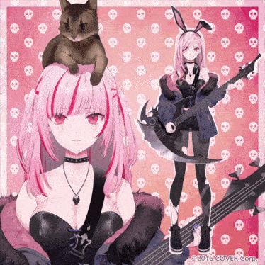 a girl with pink hair and a cat on her head holds a guitar