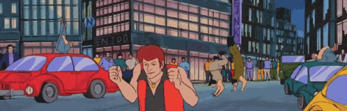 a cartoon of a man holding a bottle in front of a building that says endo