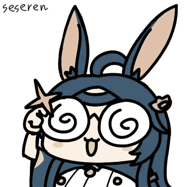 a cartoon drawing of a rabbit with glasses and the name seseren written below it