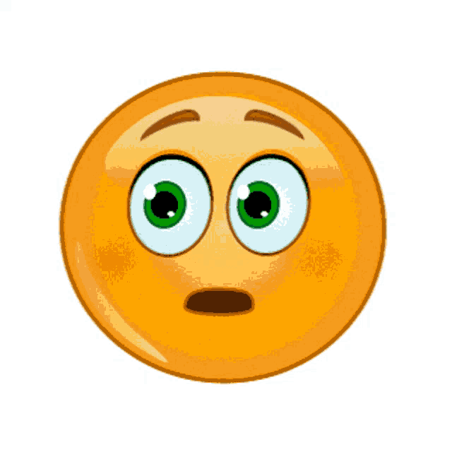 an orange smiley face with green eyes and a surprised expression