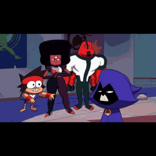a group of cartoon characters standing next to each other including a raven