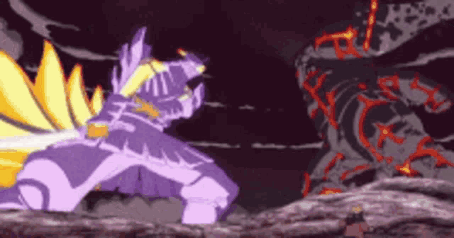 a purple and yellow monster is fighting a red monster in a dark room .