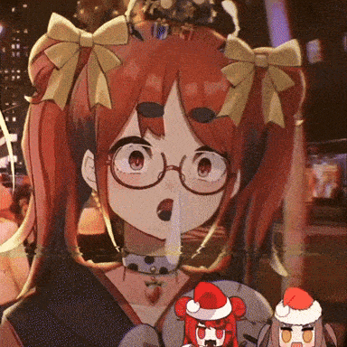 a girl with red hair and glasses is wearing a santa hat and holding a knife