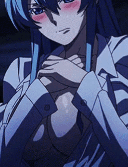 a blue haired anime girl with a striped shirt on