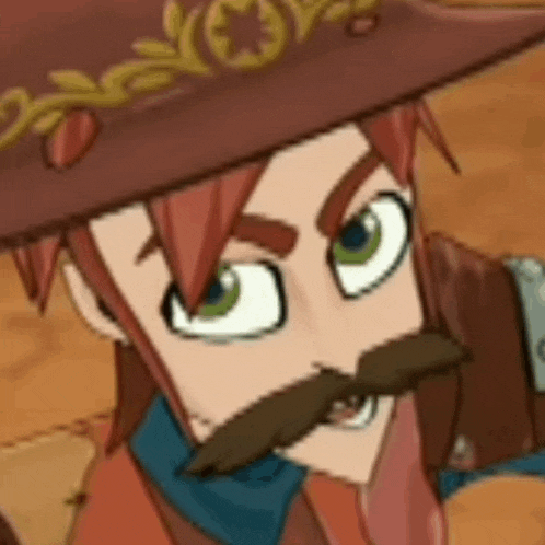 a close up of a cartoon cowboy with a mustache wearing a hat .