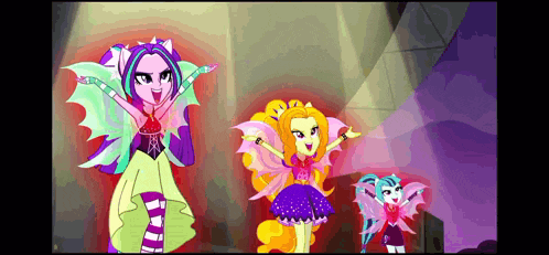 a group of cartoon characters are standing next to each other on a stage in a dark room .