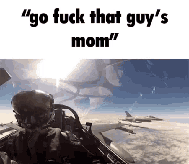 a picture of a fighter jet with the words " go fuck that guy 's mom " below it