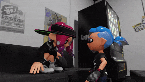 two cartoon characters are talking in front of a vending machine that says bill on it