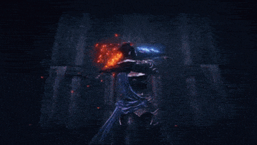 a video game character is holding a sword and a fire sword
