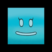a blue square with a smiley face and horns on its eyes