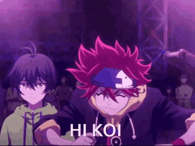 a purple background with two anime characters and the words hi koi