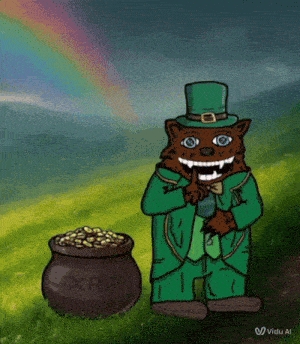 a cartoon of a leprechaun standing next to a pot of xrp coins