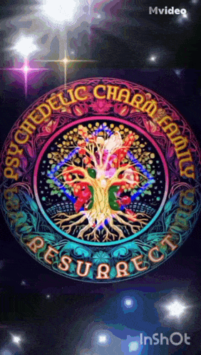 a colorful circle with the words psychedelic charm family resurrection