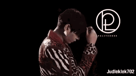 a man wearing a red jacket and a zebra print shirt is standing in front of a sign that says paletchoke .