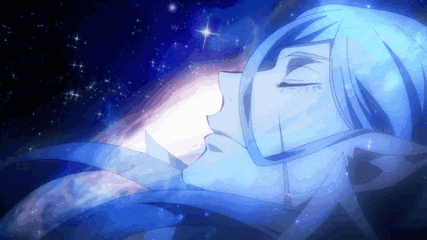 a person with blue hair is sleeping in a galaxy