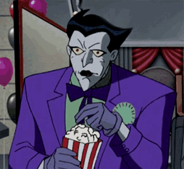 a cartoon of the joker eating popcorn with balloons behind him
