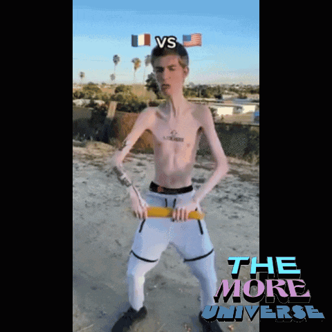 a man without a shirt is holding a yellow stick in front of the words the more universe