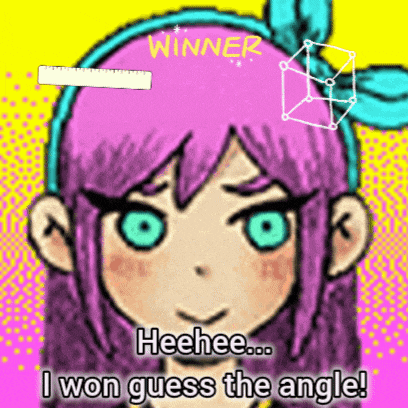 a cartoon of a girl with purple hair and green eyes says i won guess the angle .