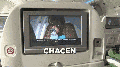 a screen on an airplane that says chacen on the bottom