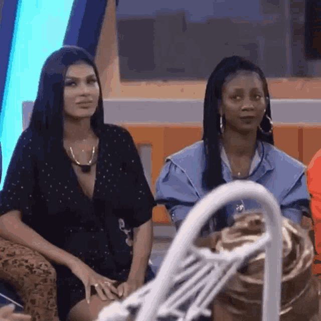 two women are sitting next to each other on a couch in a room .