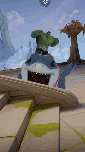 a shark with the hulk on its head is sitting on a set of stairs