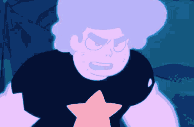 a cartoon character with a pink star on his chest looks angry
