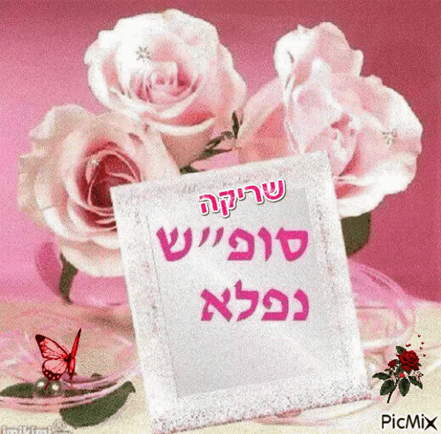 a picture of pink roses and a picture frame with hebrew writing