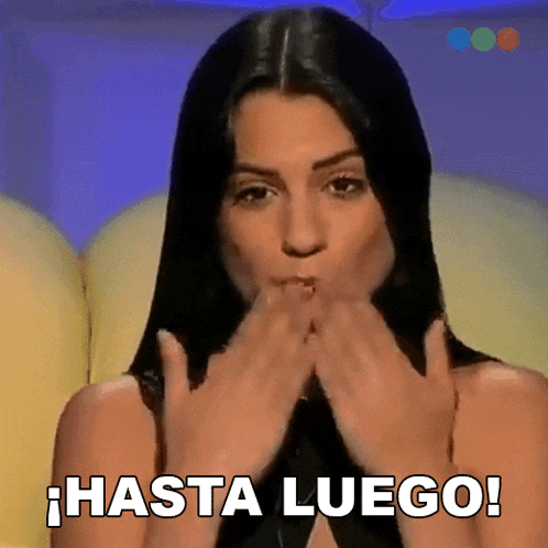 a woman is blowing a kiss with the words hasta luego written below her