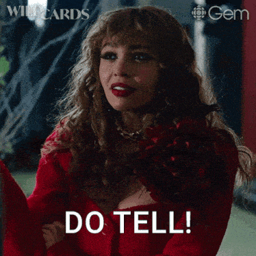 a woman in a red dress has the words do tell written on her face