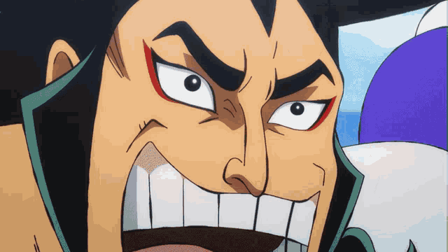 a close up of a cartoon character 's face with big teeth