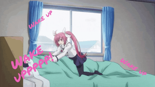 a girl laying on a bed with the words wake up written on the bottom