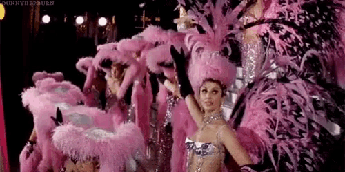 a group of women dressed in pink feathered costumes are dancing in a cabaret .
